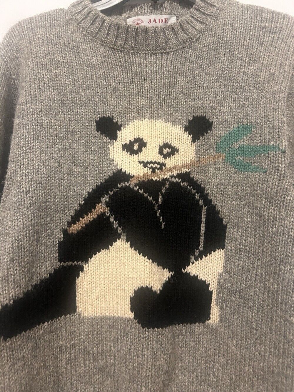 Jade 100% Shetland Wool Panda Sweater Crewneck Pullover Gray Size Small Vintage